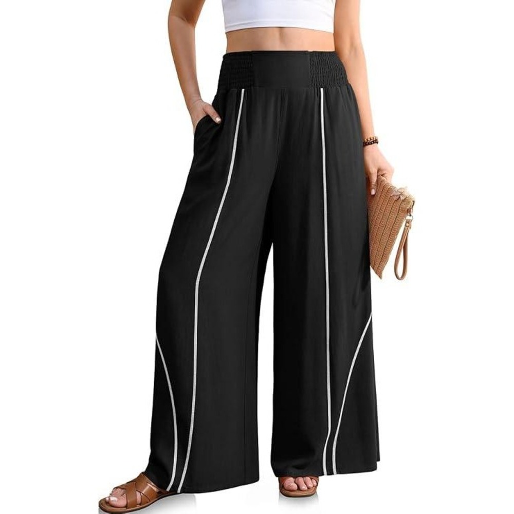 TARSE Medium Wide Leg Palazzo Pants Black Linen Blend Contrast Stitch Boho Viral